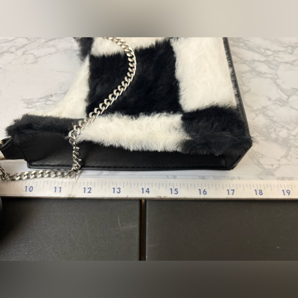 Madden NYC Women's Chain Crossbody Handbag with Pouch, Black White Furry Fir - Picture 9 of 10